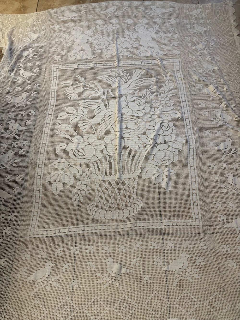 Large Vintage Crochet Lace Table Runner tablecloth with Floral and birds design